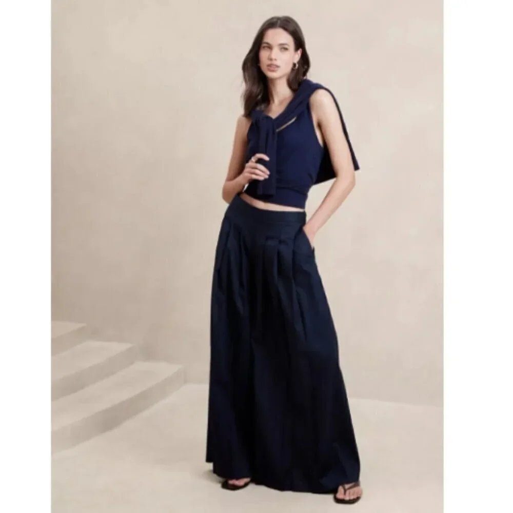 Banana Republic Linen-Blend PALAZZO Black BOHO Pant Size 4 PETITE #852050 RT$110